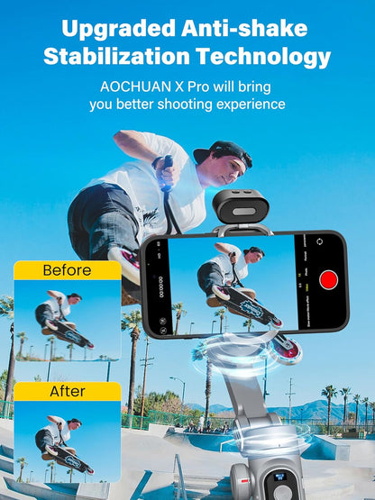 Gimbal Stabilizer voor Smartphone AI-tracking (geen app), 3-assige gimbal met OLED-display/ingebouwd licht, stabilisator voor iPhone en Android, AOCHUAN X Pro Grey AI-versie