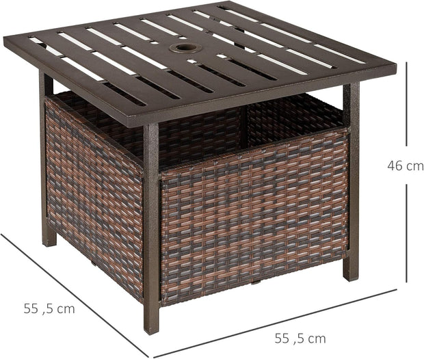 Tuintafel - Tuintafel Rechthoekig - Bijzettafeltje - Rattan Bijzettafel - Bistrotafel - Salontafel - met Parasolgat - Metalen Frame - voor Terras - Tuin - 55.5 x 55.5 x 46 cm - Bruin