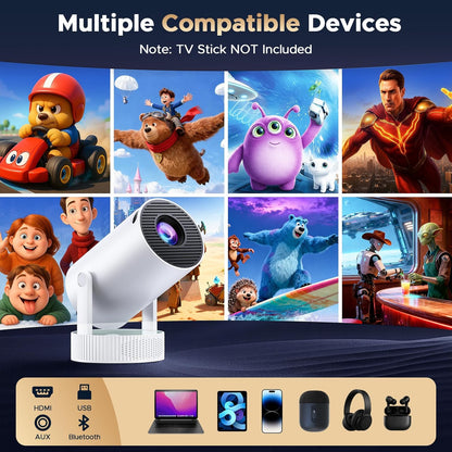 Beamer met accu, mini-projector ondersteuning 4K resolutie, 220° rotatie, geïntegreerde luidspreker en bluetooth-projector, Auto Keystone WiFi6 beamer projector voor thuisbioscoop slaapkamer