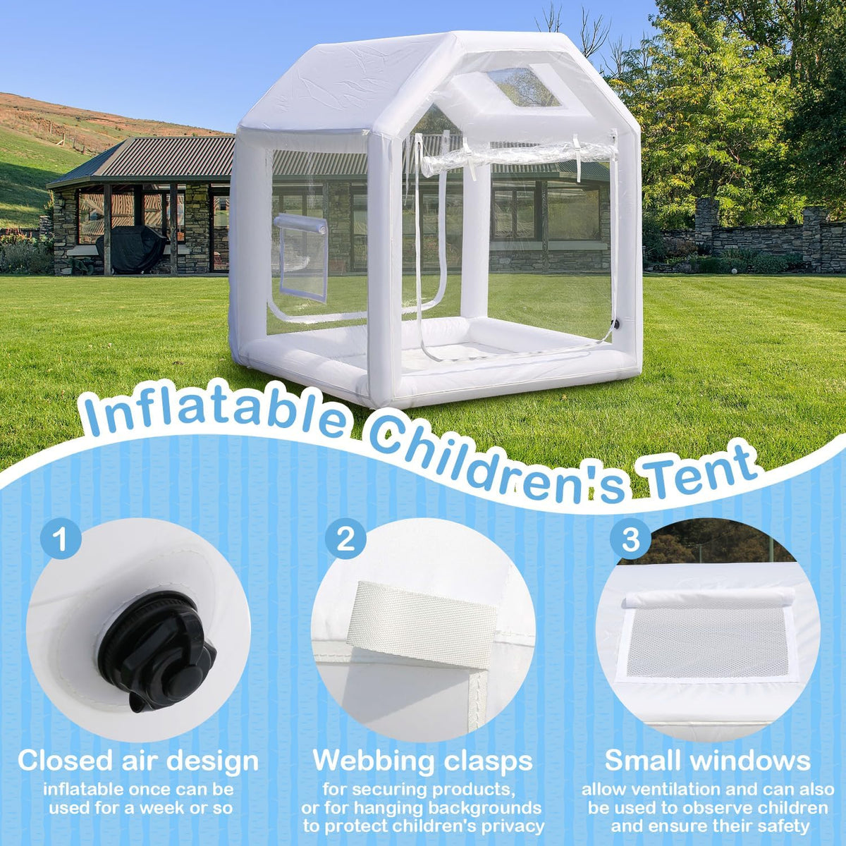 Opblaasbaar balhuis, pvc, transparant, opblaasbare tent met ventilator, opblaasbaar balhuis, iglo-koepel voor bruiloft buiten, verjaardagsfeest (blauw)