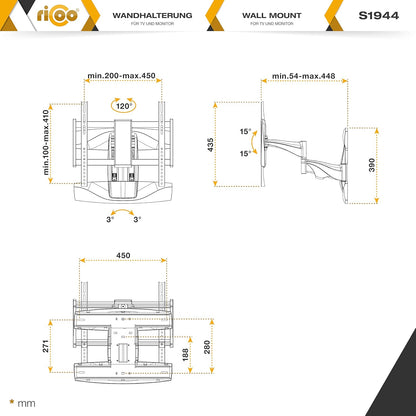 RICOO TV muurbeugel televisie zwenkbaar en kantelbaar voor 40-65 inch, universele tv-houder S1944, televisiehouder voor muur, wandhouder televisie 55 inch tot 45 kg met max. VESA 400x400 mm