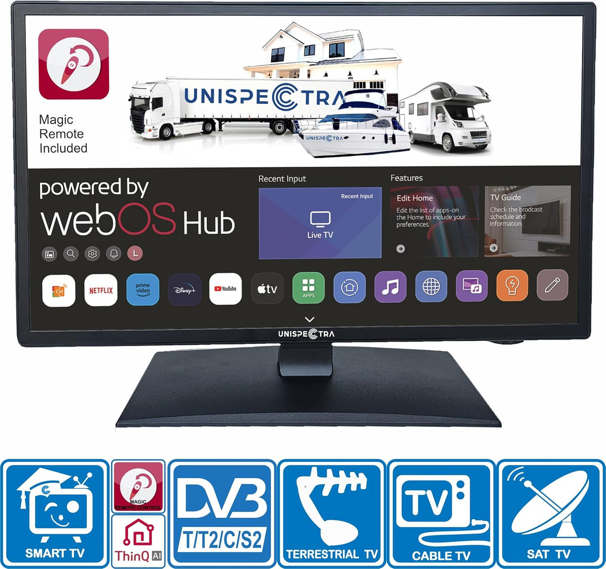 Unispectra® 22“ Smart TV (webOS) FHD 230V 24V Triple Tuner: Sat, Antenne, Kabel TV, 3xHDMI, 2xUSB, Magic Remote. 12V TV voor campers, caravans, vrachtwagens, bestelwagens, boten, thuis