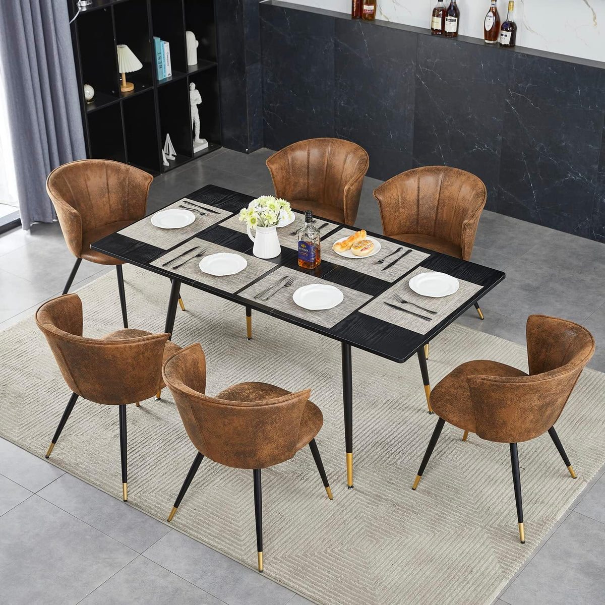 MEUBLE COSY Eettafel, uittrekbaar, keukentafel voor 4-6 personen, retro industriële eetkamertafel, metalen frame, voor eetkamer keuken, zwart en goudkleurig, 120-160x80x75cm