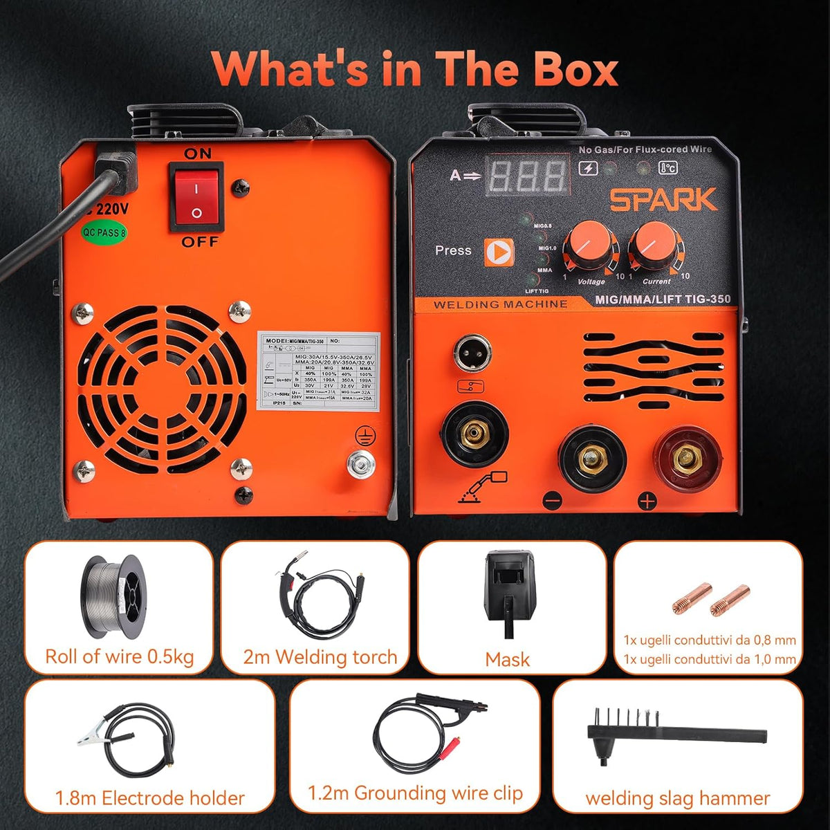 MIG350 lasapparaat met continue draad zonder gas, 120 A, 230 V, synergie elektrode 3-in-1 MIG/ARC/LIFT TIG IGBT inverter lasapparaat met draad 0,8 mm, lasmasker MIG