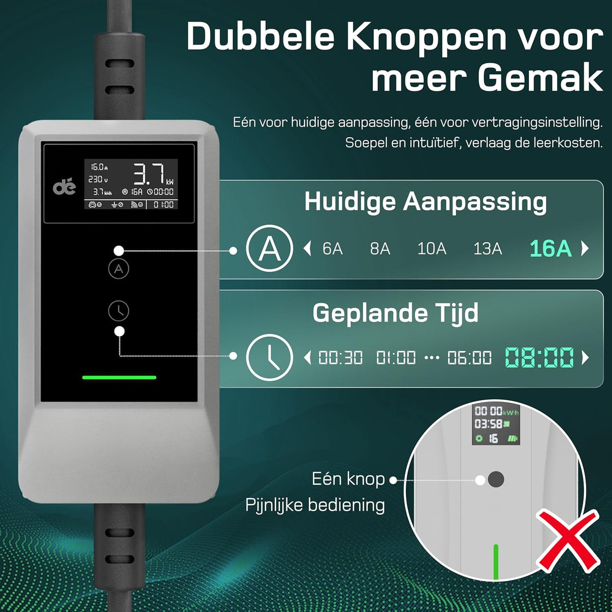 dé EV Charger Type 2 met APP 3,7kW [10m, 1-Fase, 6-16A] Thuislader Type 2 Wit met Digitaal Display, Instelbare Stroom, EV Oplader 3,7kW voor Model Y/3, ID.3/4, EX30, Enyaq en andere EV/PHEV