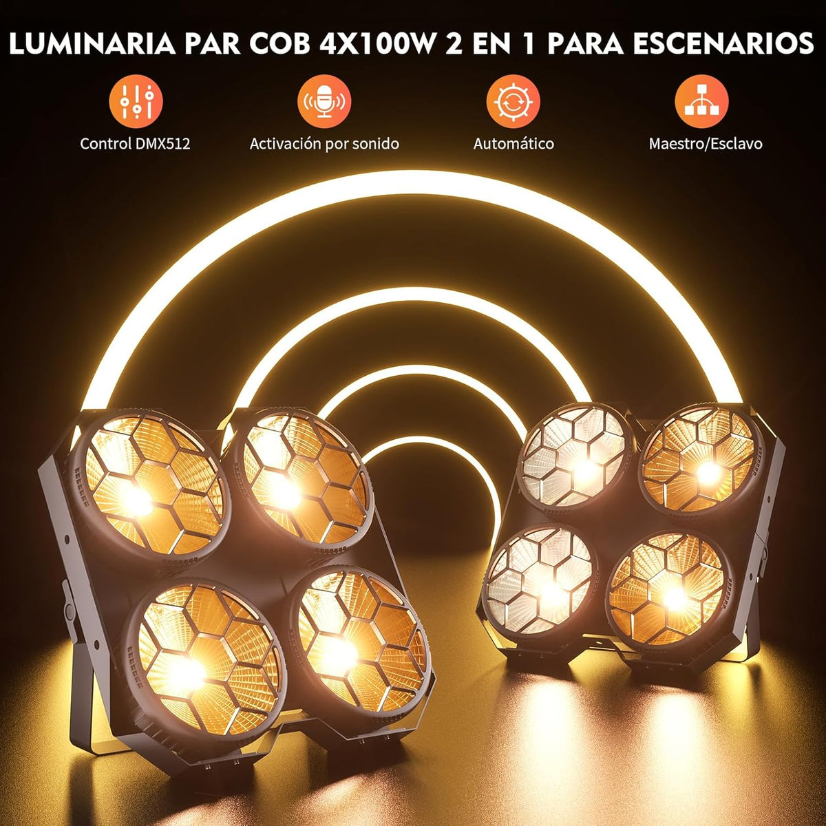 4 x 100 W COB LED Par Light 2 in 1 koud warm wit lichteffecten Par Spotlight 3200-5600K stroboscoop 25+30 lichteffecten podiumverlichting voor podium, kerk, club, party, lichttechniek