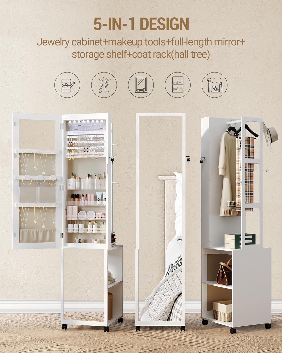 Hzuaneri Jewelry and Wardrobe with 8 LEDs, 165cm Jewelry Storage System with 1 Clothes Rack, Lockable Full Length Mirror with 4 Wheels, Storage Shelves with Hooks, White and Beige JC17003BE