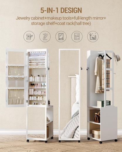 Hzuaneri Jewelry and Wardrobe with 8 LEDs, 165cm Jewelry Storage System with 1 Clothes Rack, Lockable Full Length Mirror with 4 Wheels, Storage Shelves with Hooks, White and Beige JC17003BE