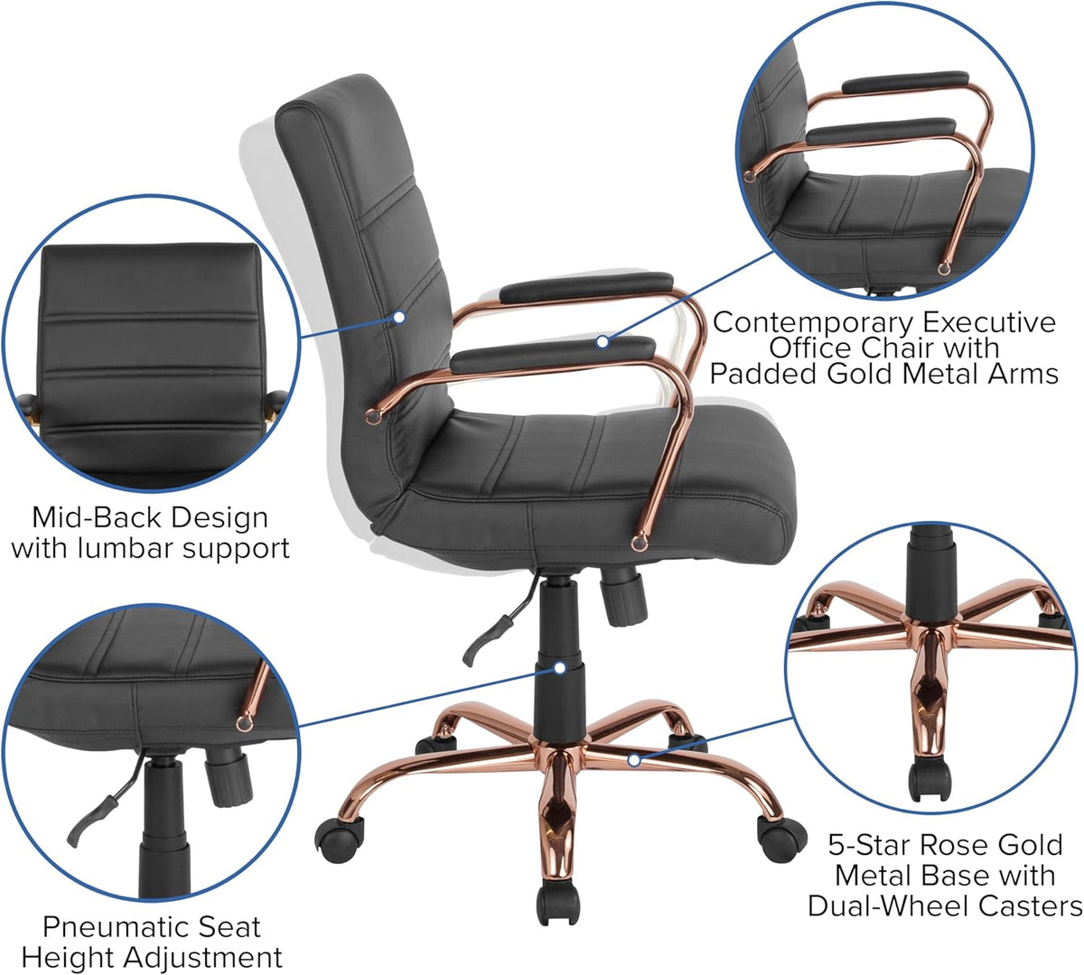 Flash Furniture Executive stoel, draaistoel, zwart leer, roodgoudkleurig frame, 61 x 58,4 x 103,5 cm (B x D x H)