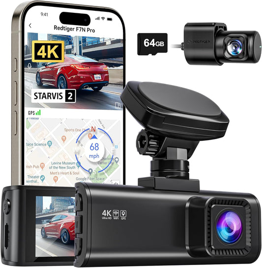 REDTIGER Starvis 4K dashcam voor en achter, met 2 sensor met 64 GB kaart, 4 K/2,5 K + 1080p dual dashcam met ingebouwde wifi GPS, 3,18 inch IPS, 170° groothoek, 24/7 parkeerbewaking, loopopname, WDR