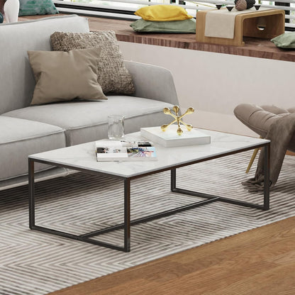 Rechthoekige salontafels gesinterde steen: witte salontafels 100 cm lang wit marmeren tafelblad met stevige metalen poten moderne bank middentafels voor woonkamer meubels decor