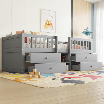 Children's Bed with Drawers, Slatted Frame, Storage and Fall Protection, Teenage Bed, Single Bed, Wooden Pine Bed (Grey, 90 x 200 cm) - QUORE