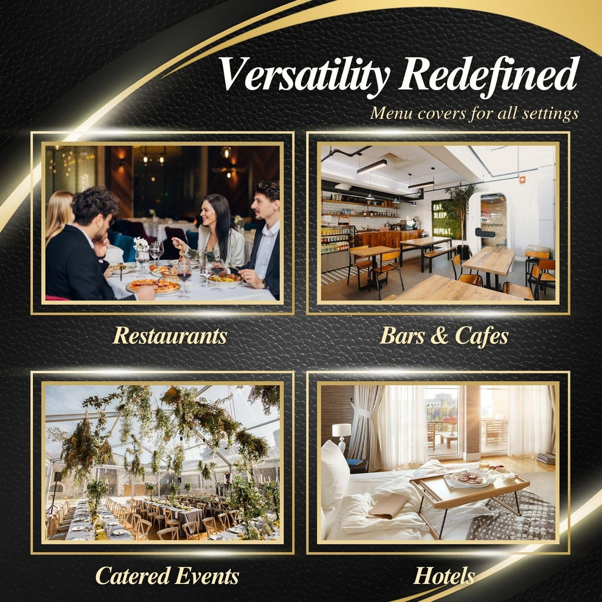 Flexzion Menuhouder 23,9 cm x 31,5 cm - Drievoudig gestikte menuhoezen met doorzichtig PVC, zwarte binding en gouden hoeken, drievoudig 3 pagina's 6 weergaven menuboek voor restaurant, café, bar en