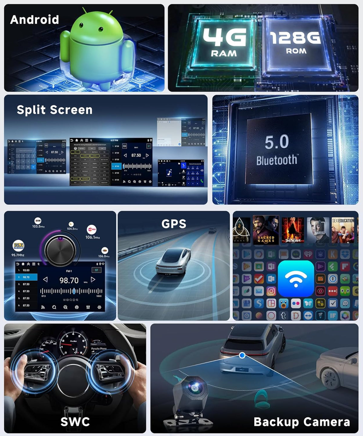 【4G + 128G】 Hodozzy Wireless Carplay autoradio 2 DIN met USB Type-C, 7 inch incell display Android Bluetooth autoradio met Android Auto/DSP/WiFi/RDS/FM/SWC/achteruitrijcamera
