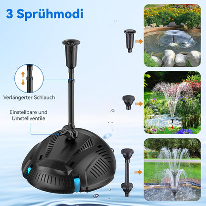 POPOSOAP Vijverfilter met 55 W fontein op zonne-energie, vijverfilter met 2000 l/u pomp en fonenset, 2 m pvc-slang, ideaal voor koivijken, watervallen en waterspelen