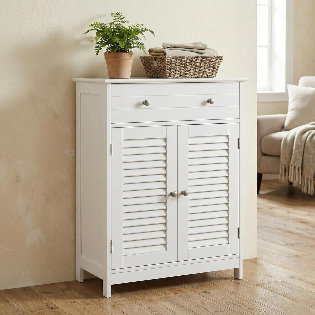 WeHome Jessica Ruimtebesparende badkamerkast, staande kast met verstelbare plank, wit, 60 x 35 x 87 cm, houten kast met 2 deuren en lade bovenaan (wit)