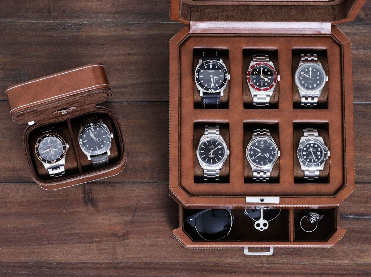 Horlogedoos – Horlogebox – Horloge Opbergdoos – Watch Box – Sieradendoos – 6 Vakken – Massief Hout Met Leerafwerking – Glazen Deksel Met Valet Lade