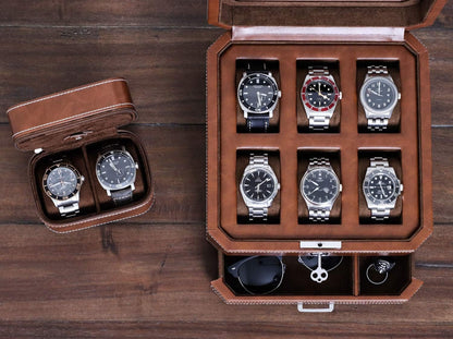 Horlogedoos – Horlogebox – Horloge Opbergdoos – Watch Box – Sieradendoos – 6 Vakken – Massief Hout Met Leerafwerking – Glazen Deksel Met Valet Lade