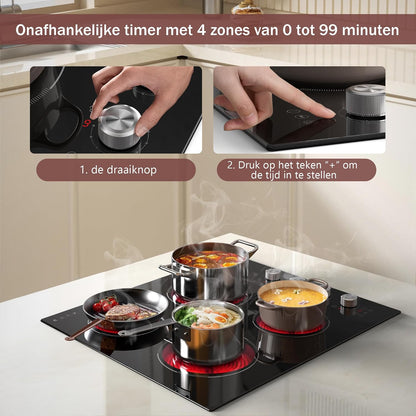 Keramische kookplaat 4 platen, knop & tiptoetsbediening, ingebouwde keramische kookplaat 60cm 6000W, elektrische kookplaat met veiligheidsvergrendeling, timer, pauzefunctie