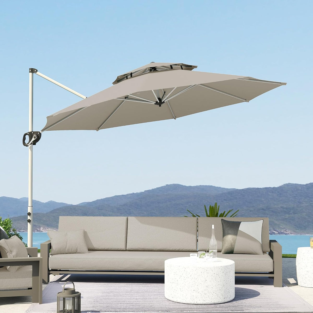 Outsunny Round Floating Parasol, 3 x 2.5 m, Outdoor Garden Parasol with Crank, Cross Base, Tilting and 360° Rotatable, Double Roof, UV Protection UPF0+, Grey, Light Grey