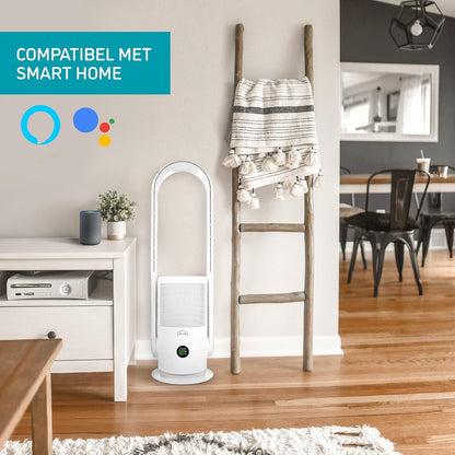 djive ARC draadloze ventilator 2in1 mobiele torenventilator & luchtreiniger, 6 uur batterij, draagbare, rotorloze standventilator met 9 snelheden, stil, met afstandsbediening, app, Alexa, H14, wit