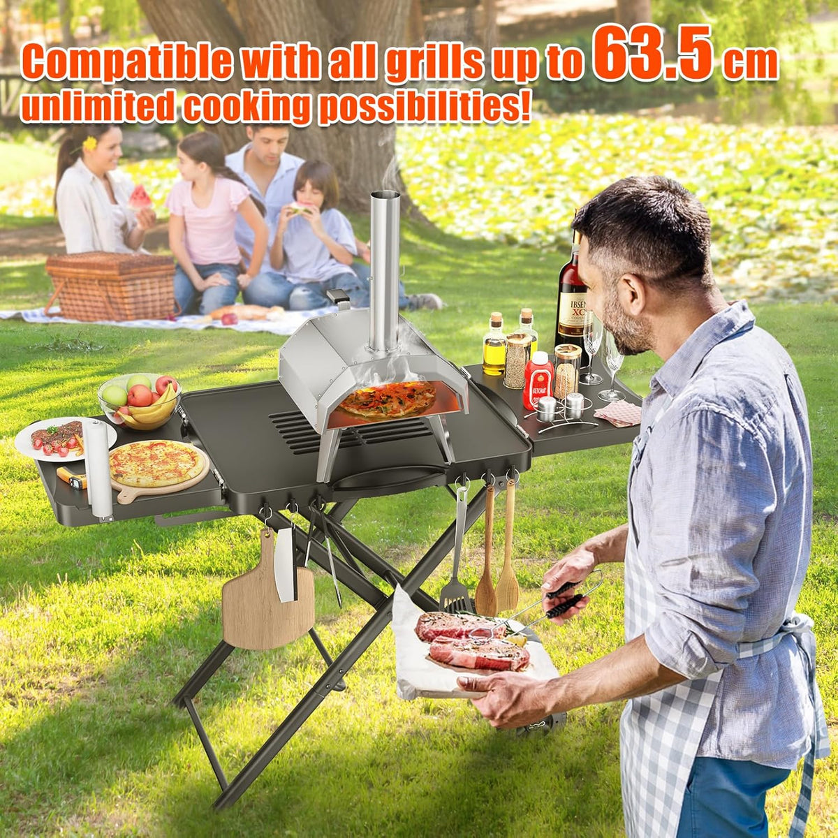 GFTIME Draagbare grillwagen voor Weber, Ninja, Ooni, Blackstone, Nexgrill, Traeger en de meeste draagbare barbecues en pizzaovens, outdoor grillwagen met wielen, zijtafels en houder voor papieren