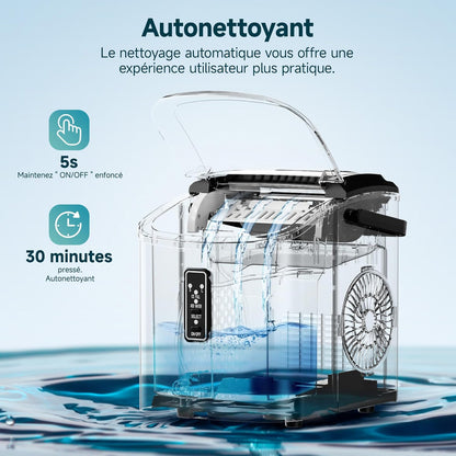 EUHOMY Compacte ijsblokjesmachine, 9 ijsblokjes klaar in 6 minuten, 12 kg/dag, zelfreinigend, met draaggreep, mand en schep, 2 ijsblokjesmaten, voor thuis, keuken, kantoor, zilver
