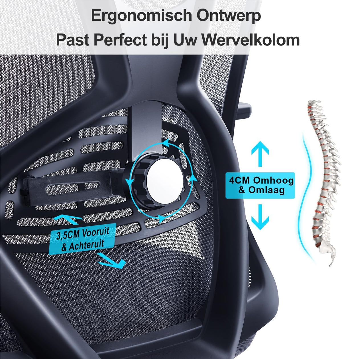 Ticova Ergonomische Bureaustoel - Hoge Rug Bureaustoel met Verstelbare Lendensteun, Hoofdsteun en 3D Armleuning - 130° Schommelende Mesh Computerstoel