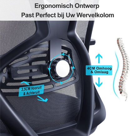 Ticova Ergonomische Bureaustoel - Hoge Rug Bureaustoel met Verstelbare Lendensteun, Hoofdsteun en 3D Armleuning - 130° Schommelende Mesh Computerstoel