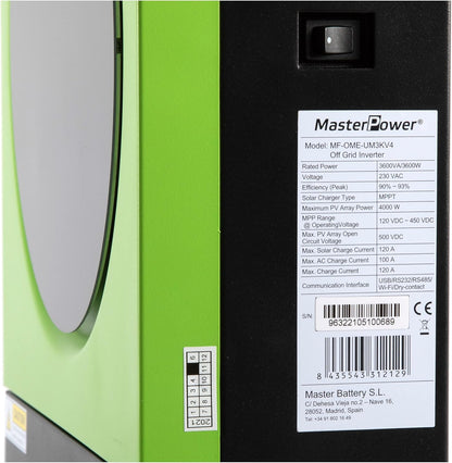 Master U-Power Hybride omvormer op zonne-energie, 3600 W, 24 V, V4, MPPT, 120 Ah, 4000 W, in panelen met geïntegreerde wifi, groen, UM3V4