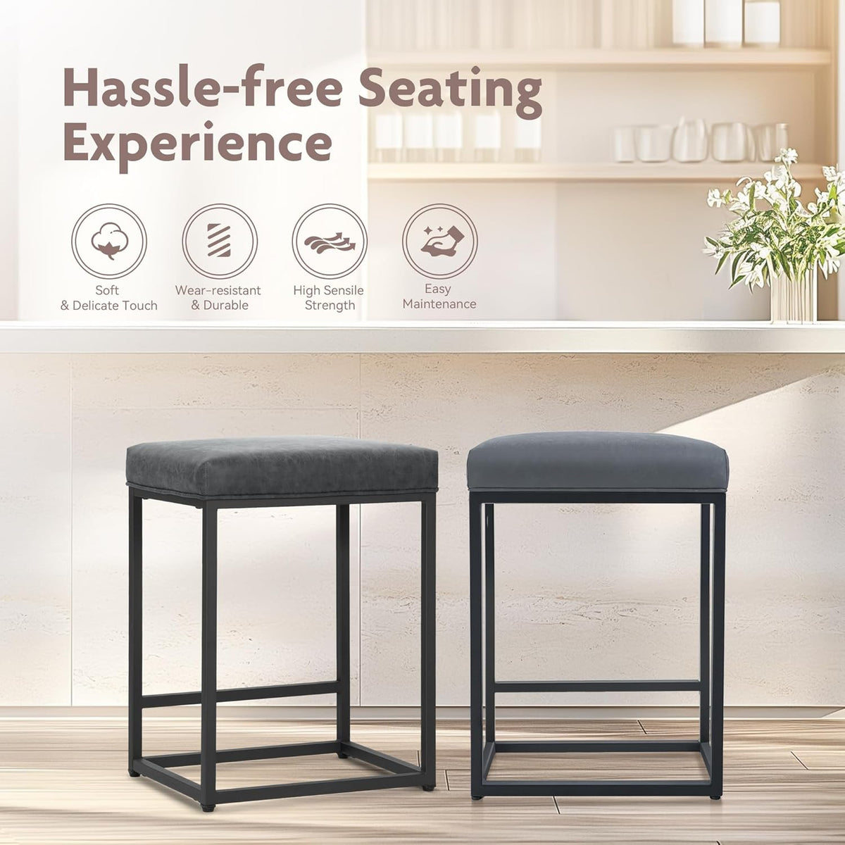ALPHA HOME 2 Bar Stools with Footrest Kitchen Chairs PU Leather Backless Stool Bar Stool Bistro Stool for Indoor Outdoor Dining Home Bar Coffee Chairs (Grey)