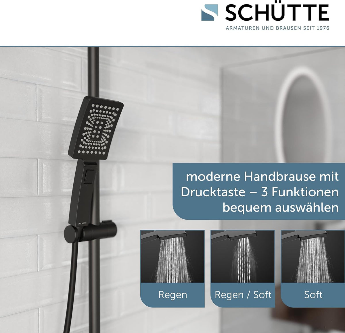 SCHÜTTE Trendto 60170 Douchesysteem met thermostaat, doucheset met grote regendouche (32 x 20 cm) en verstelbare handdouche, doucheset met douchestang, douchezuil, douchepaneel, zwart