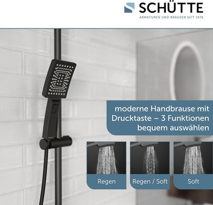 SCHÜTTE Trendto 60170 Douchesysteem met thermostaat, doucheset met grote regendouche (32 x 20 cm) en verstelbare handdouche, doucheset met douchestang, douchezuil, douchepaneel, zwart