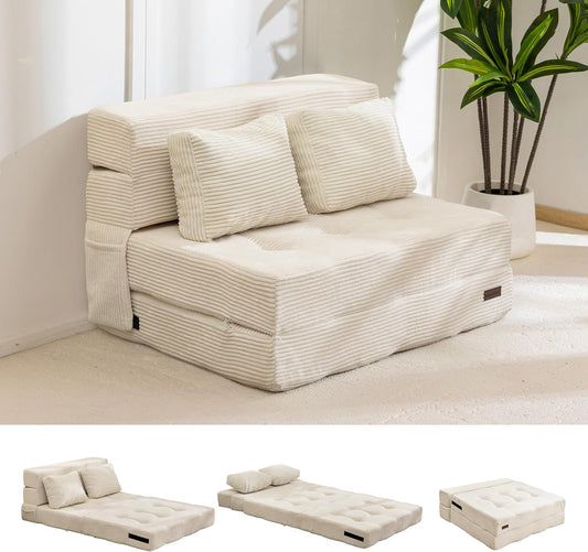MAXYOYO Opvouwbare schuim slaapbank, drievoudig opvouwbaar matras met 2 kussens, omvormbare slaapbank, futonbed met 15 cm dun schuim, draagbare 3-in-1 vloerbank