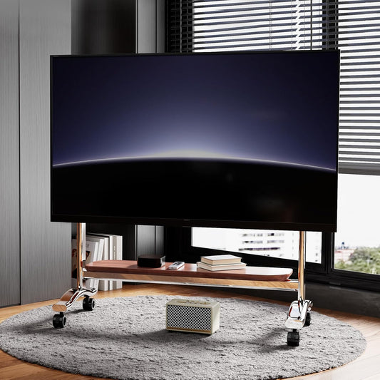 Mobiele tv-standaard voor 50-110 inch grote tv's tot 170 kg, mobiele tv-vloerstandaard op wielen met groot opbergbord en houten plank voor slaapkamer, woonkamer, kantoor VESA (1200x600mm)