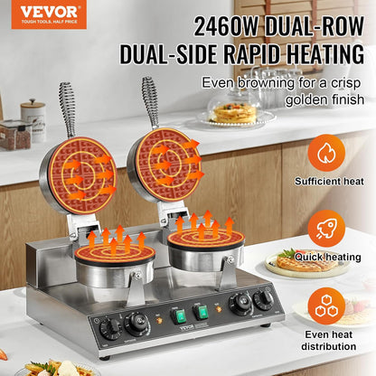 VEVOR Commerciële wafelmachine, dubbele kop, roestvrij staal, antiaanbaklaag, 2460 W, met temperatuur- en tijdregeling, handvat, voor restaurants, gezinnen en bars, 500 x 470 x 260 mm