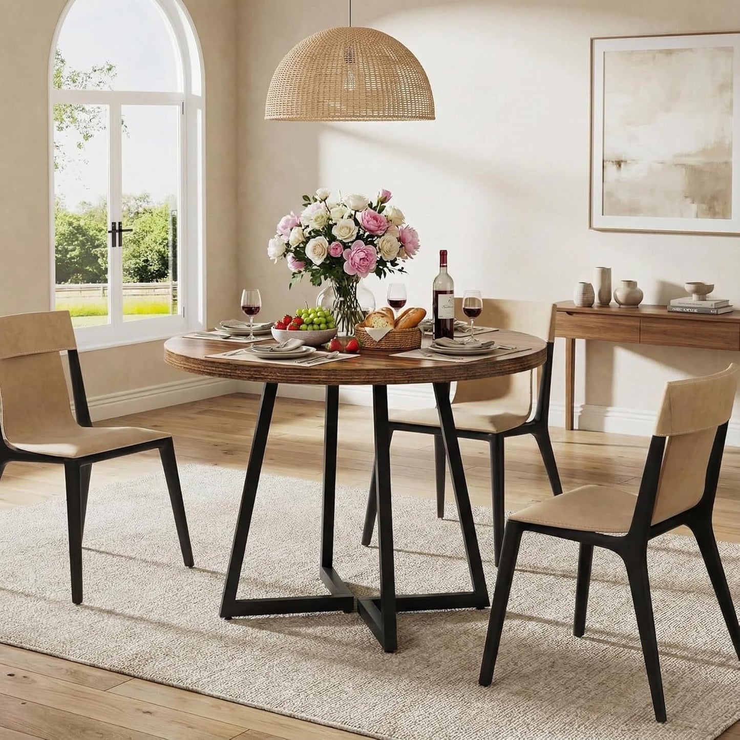Eettafel Rond – Eetkamertafel Rond – Industrieel Tafeltje – Dining Table – Compacte Tafel – 80x80 cm – Met Zwart Metalen Onderstel