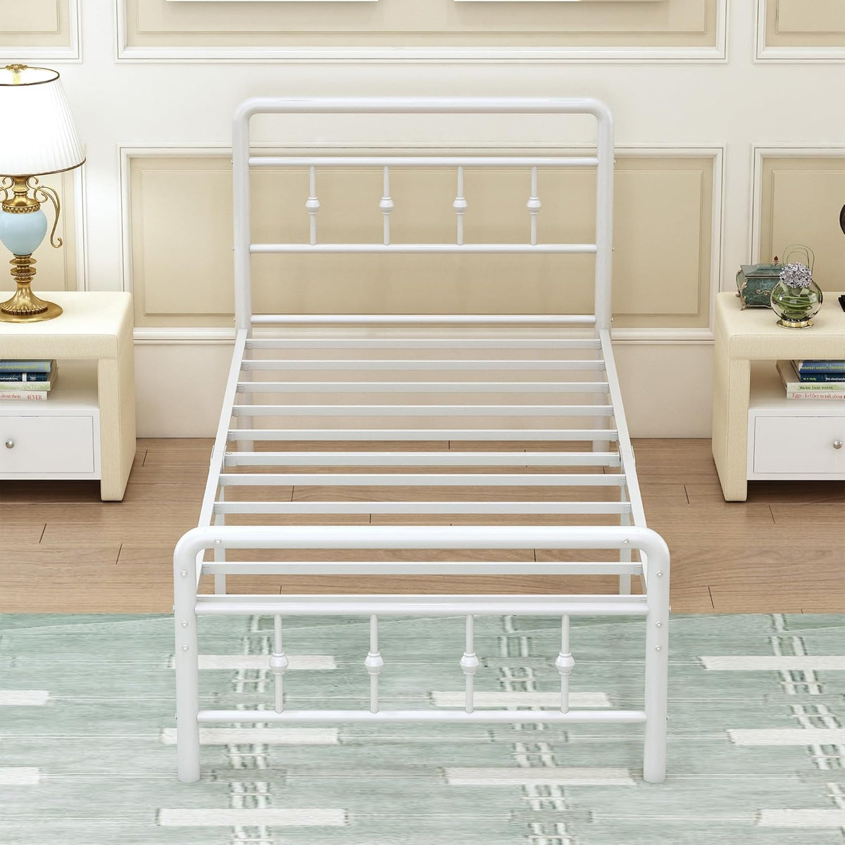 EMODA Metalen Bedframe 90 x 200 cm met vintage style Hoofdeinde en Voetenbord, Heavy Duty Bedframe 36cm hoog met stalen lattenbodem, Eenvoudige montage, Geluidsvrij, Wit