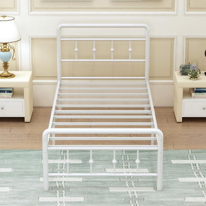 EMODA Metalen Bedframe 90 x 200 cm met vintage style Hoofdeinde en Voetenbord, Heavy Duty Bedframe 36cm hoog met stalen lattenbodem, Eenvoudige montage, Geluidsvrij, Wit