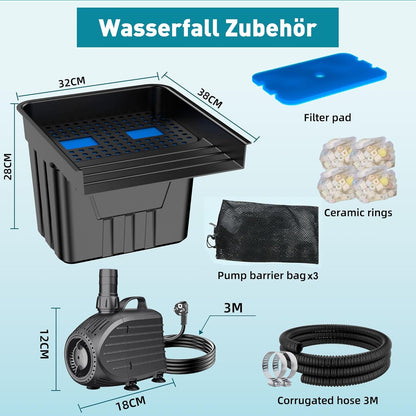 Biling Vijverwaterval met vijverfilter, complete set, zwembadwaterval met 80 W, 4500 l/u vijverpomp, watervallen, beekloop, kit voor tuinvijver, waterspel, terras