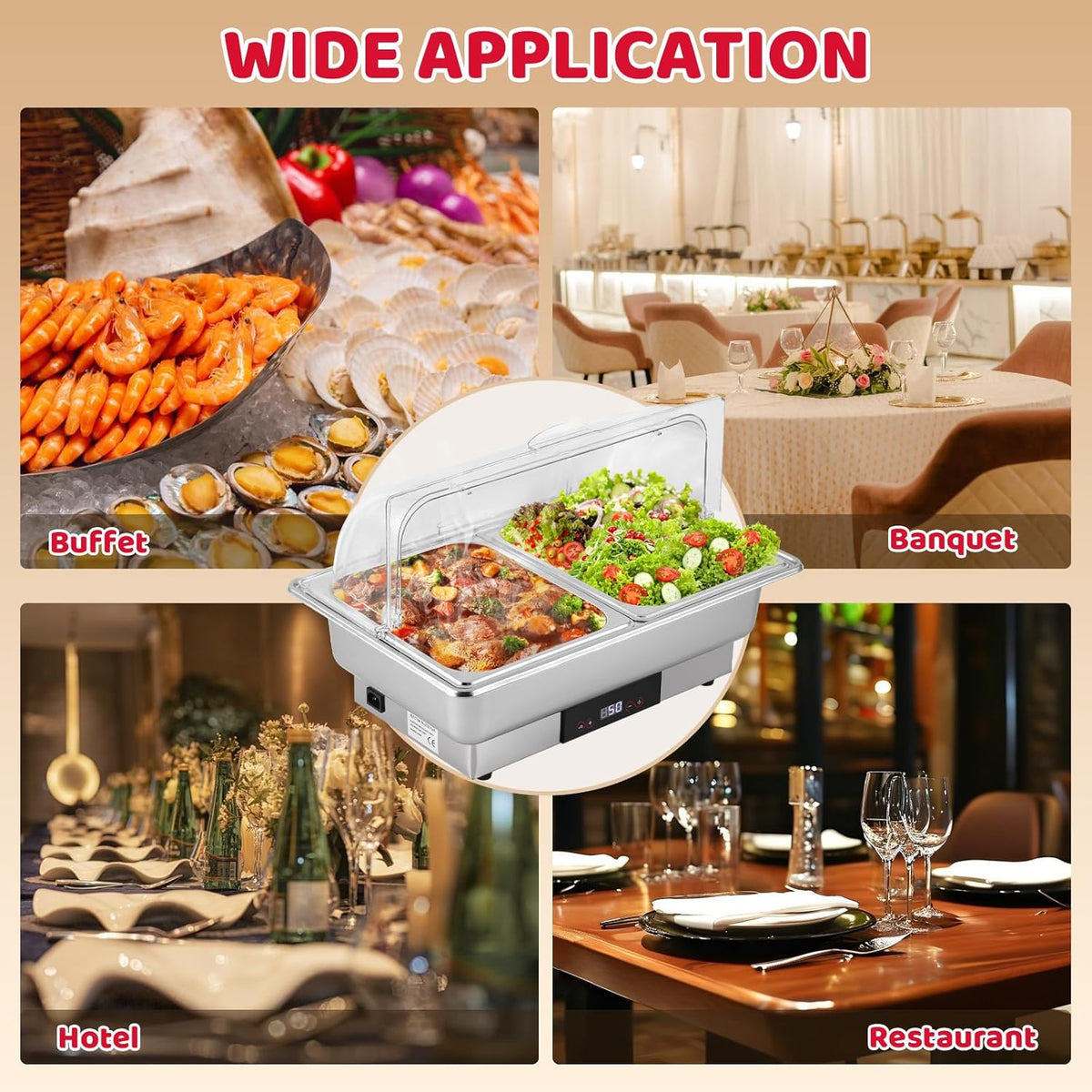 YUCHENGTECH Elektrische Chafing Dish Buffetset 9L Roestvrijstalen Chafing Dishes Voedselverwarmers met Temperatuurregeling en Doorzichtig Roldeksel voor Catering, Bruiloften, Restaurants
