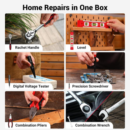 Gereedschapskit Doos Boorset: DEKO 238 Stuks Home Mechanic Toolbox met 12V Power Draadloze Boor Hand Reparatie Gereedschap Sets Combo Kits Opslag Organizer Lade Case voor Mannen (Rood)