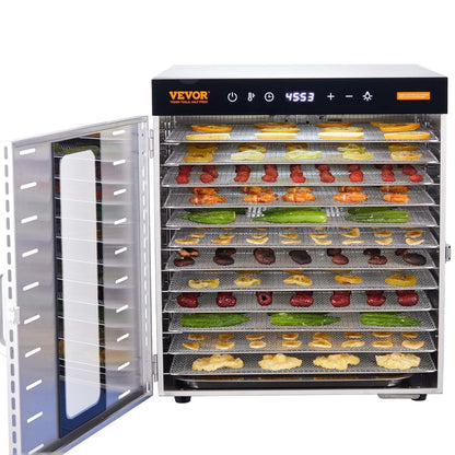 VEVOR Voedseldroger met 10 vakken, roestvrij staal, 1000 W, elektrisch, voor groenten en fruit, instelbare temperatuur van 30 tot 90 °C, timer, 0,5-48 uur, voor kruiden, vlees