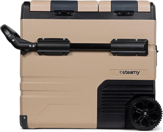 Steamy-E Dual Zone 55 Roller, Elektrische Compressor Koelbox op wielen, 54 Liter, Zandkleurig, 12V/230V, voor vriezen en koelen van -20 tot +20, ideaal voor op de camping