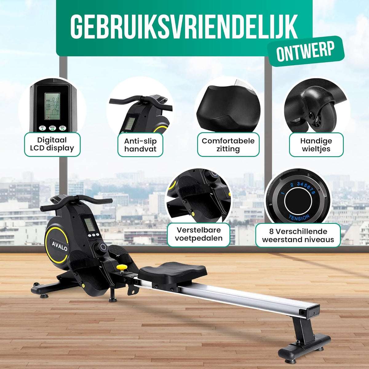 Avalo Rowing Machine Collapsible With Display - Rowing Machine With 8 Resistance Levels - Rowing Machine - QUORE