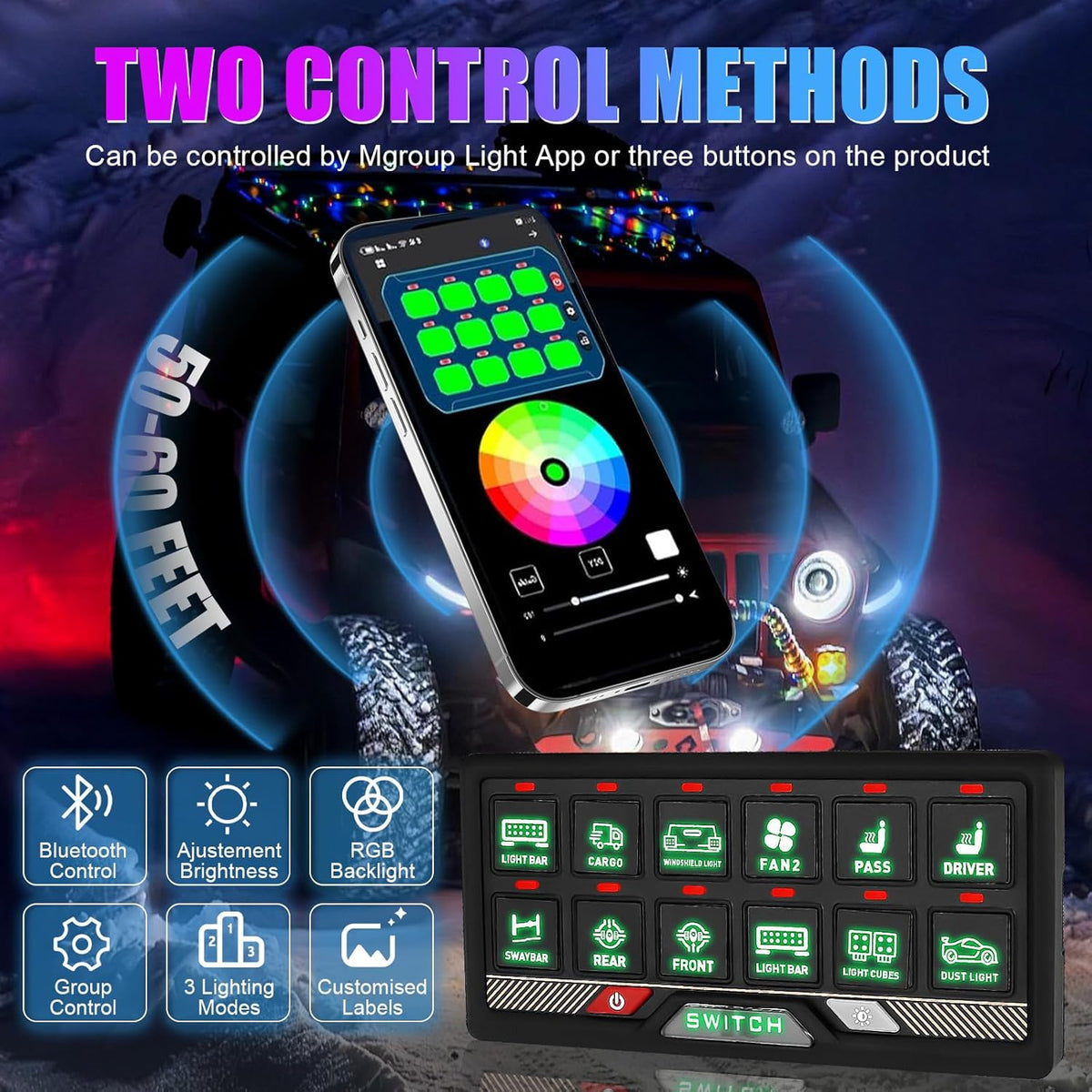 Chelhead RGB 12-gang Bluetooth afstandsbediening schakelpaneel, batterijbediening, kortstondige pulsschakelaar voor led-lichtbalkbediening, waterdichte app