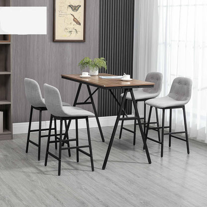 Bartafel – Barset – Keukentafel – Eettafel – Barkrukken – Industrieel Design – Gecoat Stalen Frame – Linnen Look Bekleding – 5-Delige Set – Grijs - QUORE
