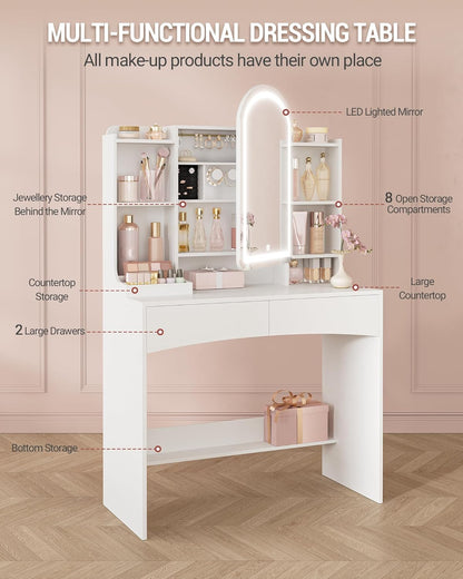 Hzuaneri LED Makeup Table, Large 90 cm Tabletop, Dressing Table with Curved Round Mirror, Hidden Jewellery Shelf Behind Mirror, 3 Colours, White DT41403XEU