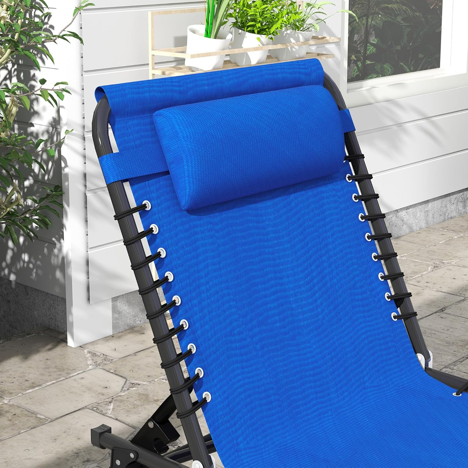 Outsunny 2 Piece Folding Sun Loungers, Outdoor 4 Levels Adjustable Backrest Reclining Chaise Chairs, Steel Frame Recliner for Camping, Hiking, Navy Blue - QUORE