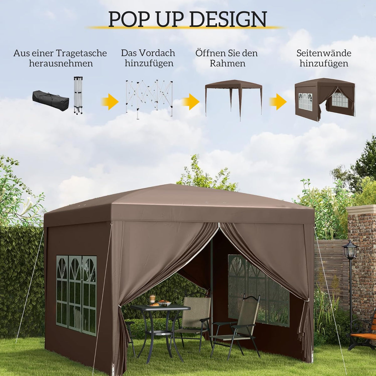Vouwpaviljoen – Vouwtent – Partytent – Biertent – Tuinpaviljoen – Koffiekleur – Waterafstotend Tentdoek – Stabiel Poedergecoat Stalen Frame